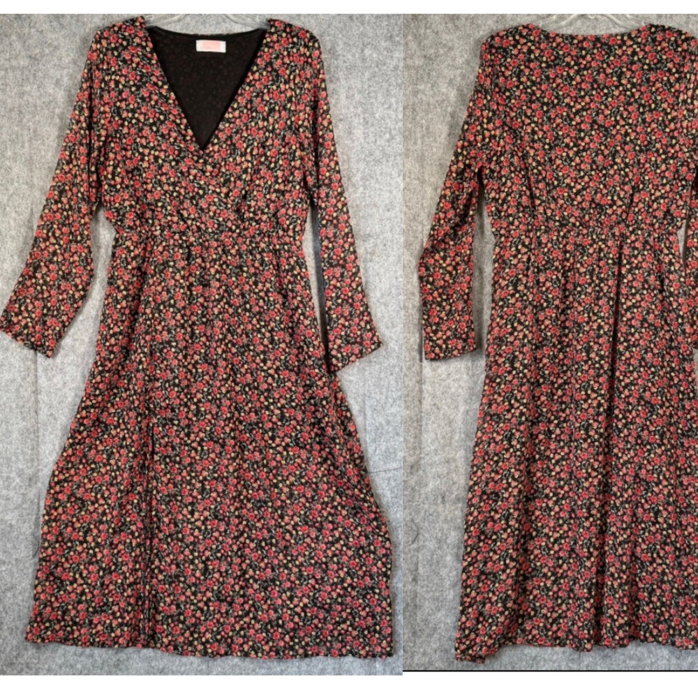 Vintage Y2K CDM‎ Babydoll Midi Dress Fairy Grunge Floral Sheer Chiffon Sz Large